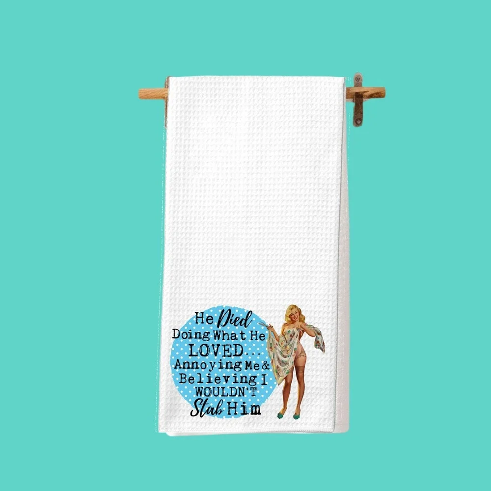 Funny Retro Pinup Waffle Weave Kitchen Towel White Blue Polka Dot Snarky Decor